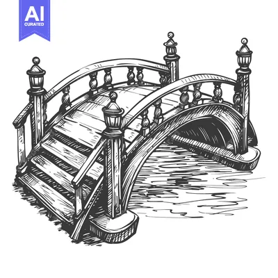 Aset desain premium: Hand-Drawn Sketch of a Wooden Bridge with Lampposts Over a Body of Wat