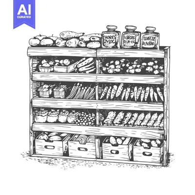 Aset desain premium: Hand-drawn sketch of a wooden crate stand full of fruits and vegetable