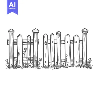 Aset desain premium: Hand-Drawn Sketch of a Wooden Fence with Grass and Flowers
