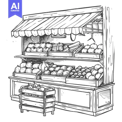 Premium design asset: Hand-drawn Sketch of a Wooden Fruit Stand with Fresh Produce
