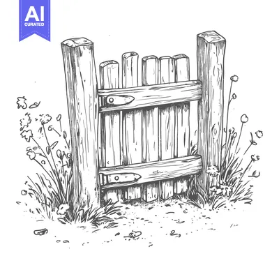 Aset premium populer: Hand-Drawn Sketch of a Wooden Gate with Grass and Flowers