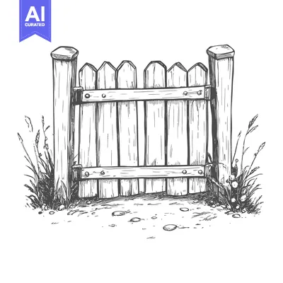 Aset premium populer: Hand-Drawn Sketch of a Wooden Gate with Grass and Stones