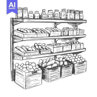 Aset premium populer: Hand-drawn sketch of a wooden produce shelf with jars, fruit and veget