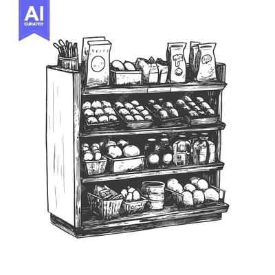 Hand-drawn sketch of a wooden shelf filled with assorted groceries