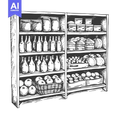 Hand-Drawn Sketch of a Wooden Shelf Filled with Various Food Items