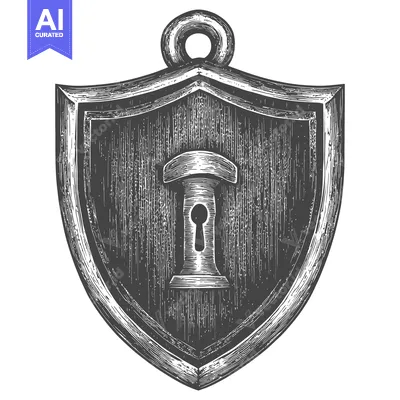Aset desain premium: Hand-Drawn Sketch of a Wooden Shield with a Keyhole