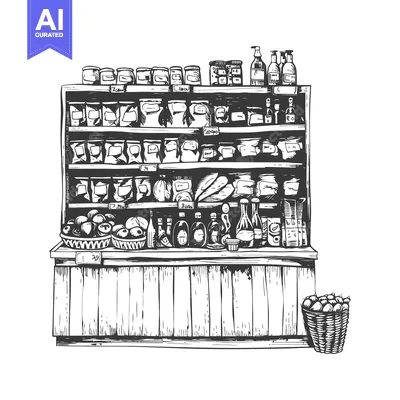 Aset desain premium: Hand-Drawn Sketch of a Wooden Shop Counter Stocked with Groceries and