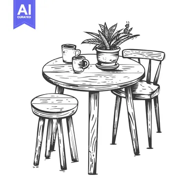 Popular premium asset: Hand-drawn sketch of a wooden table and chairs with a potted plant and