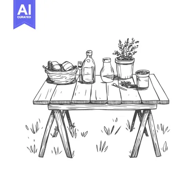 Aset premium populer: Hand-Drawn Sketch of a Wooden Table with a Basket of Food and Plants i