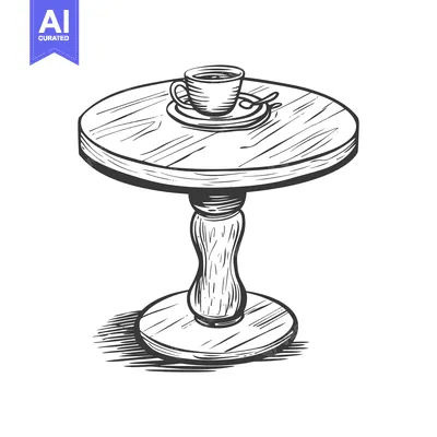 Aset desain premium: Hand-drawn sketch of a wooden table with a cup and saucer