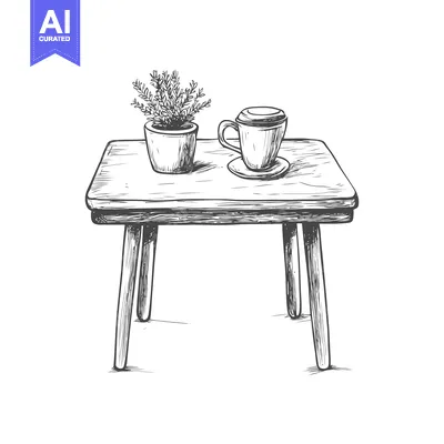 Aset premium populer: Hand-drawn sketch of a wooden table with a plant and a coffee cup