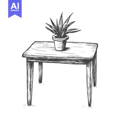 Premium design asset: Hand-Drawn Sketch of a Wooden Table with a Potted Plant
