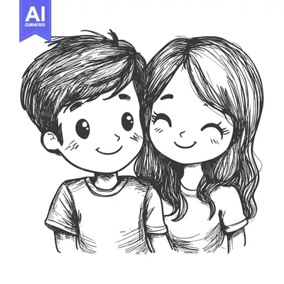Aset desain premium: Hand-drawn sketch of a young couple smiling and embracing
