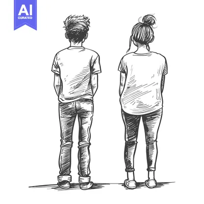 Premium design asset: Hand-drawn Sketch of a Young Couple Standing Back-to-Back