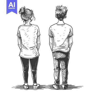 Hand-Drawn Sketch of a Young Couple Standing Back-to-Back