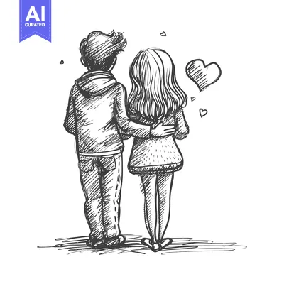 Aset desain premium: Hand-drawn sketch of a young couple standing back-to-back with hearts