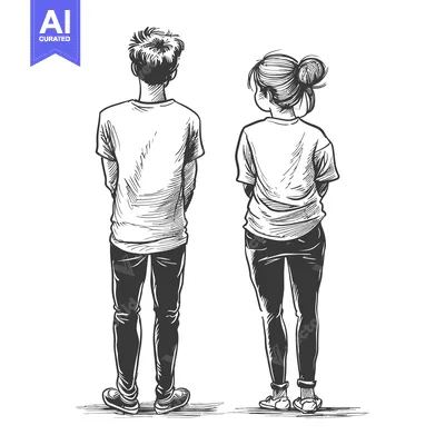 Aset desain premium: Hand-drawn sketch of a young man and woman standing back-to-back