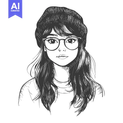 Aset desain premium: Hand-drawn Sketch of a Young Woman Wearing a Beanie and Glasses