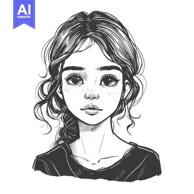 Aset desain premium: Hand-Drawn Sketch of a Young Woman with Curly Hair and Freckles