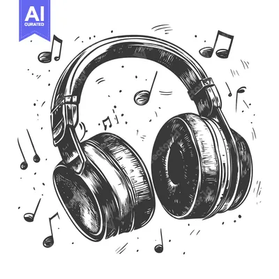 Aset premium populer: Hand-drawn sketch of black and white headphones with music notes