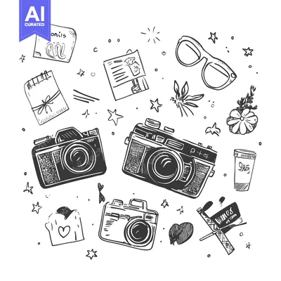 Aset premium populer: Hand-Drawn Sketch of Cameras, Glasses, and Miscellaneous Items