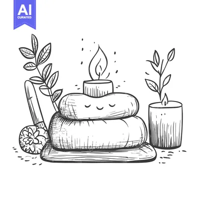 Aset desain premium: Hand-Drawn Sketch of Candles, Stones, and Leaves