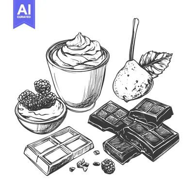 Aset premium populer: Hand-Drawn Sketch of Chocolate, Whipped Cream, Berries, and a Pear