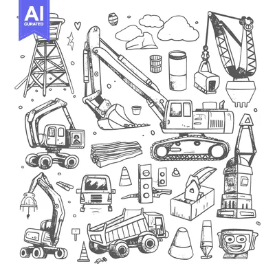 Aset premium populer: Hand-Drawn Sketch of Construction Equipment and Objects