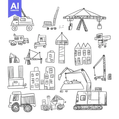 Aset desain premium: Hand-Drawn Sketch of Construction Vehicles and Buildings