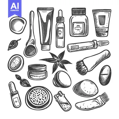 Aset desain premium: Hand-Drawn Sketch of Cosmetic Products and Tools