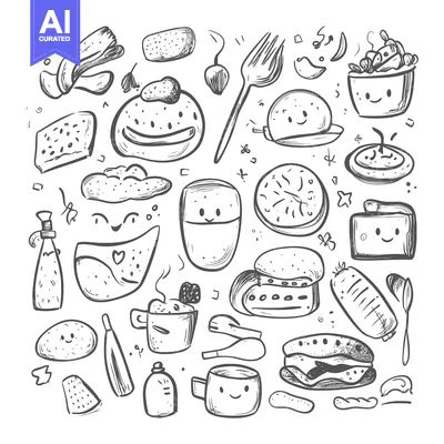 Aset desain premium: Hand-Drawn Sketch of Cute Food Items with Smiling Faces