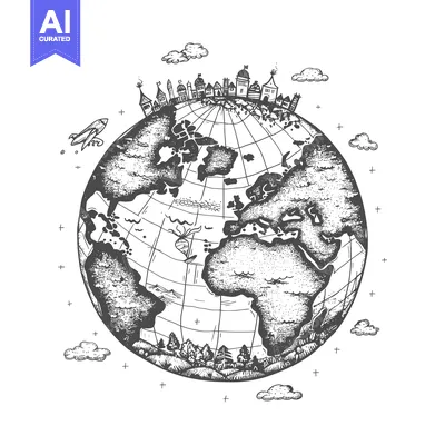Aset premium populer: Hand-Drawn Sketch of Earth with Buildings, Clouds, and a Plane