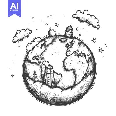 Aset desain premium: Hand-Drawn Sketch of Earth with Buildings, Clouds, and Stars