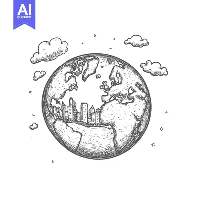 Aset desain premium: Hand-drawn sketch of Earth with cityscape and clouds