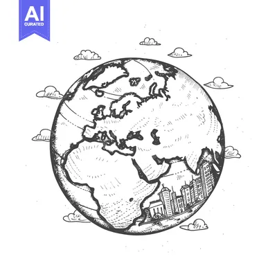 Aset desain premium: Hand-Drawn Sketch of Earth with Cityscape and Clouds