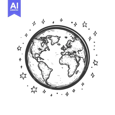 Aset desain premium: Hand-Drawn Sketch of Earth with Stars Surrounding It