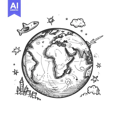 Aset premium populer: Hand-drawn sketch of Earth with surrounding space elements