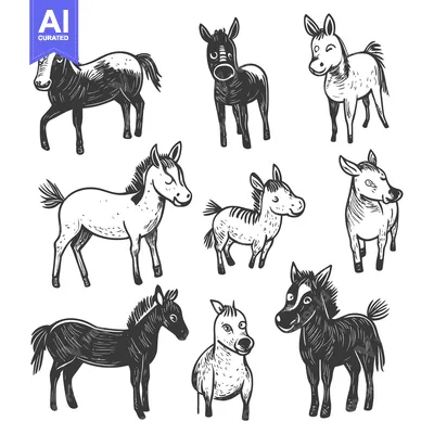 Aset premium populer: Hand-Drawn Sketch of Eight Different Horses and Donkeys