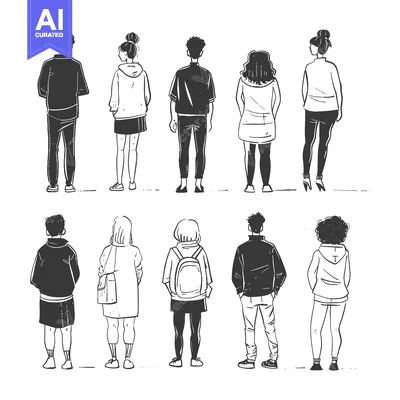 Aset desain premium: Hand-drawn Sketch of Eight People from Behind in Casual Outfits