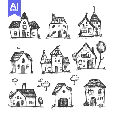 Premium design asset: Hand-Drawn Sketch of Eight Unique Houses with Detailed Facades