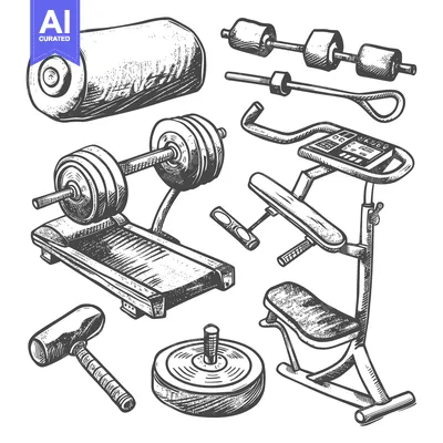 Aset desain premium: Hand-Drawn Sketch of Fitness Equipment, Including a Treadmill, Barbell