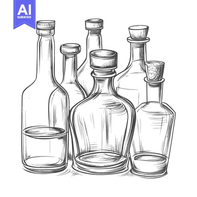 Premium design asset: Hand-Drawn Sketch of Five Glass Bottles with Various Shapes and Sizes