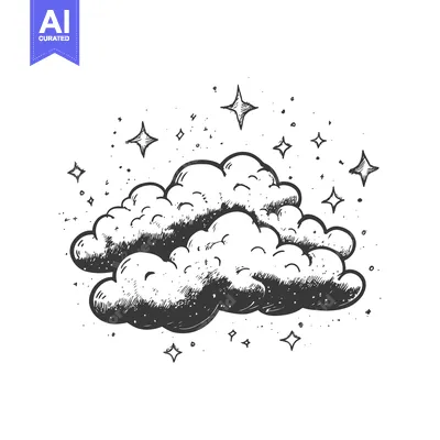 Premium design asset: Hand-Drawn Sketch of Fluffy Clouds with Sparkling Stars