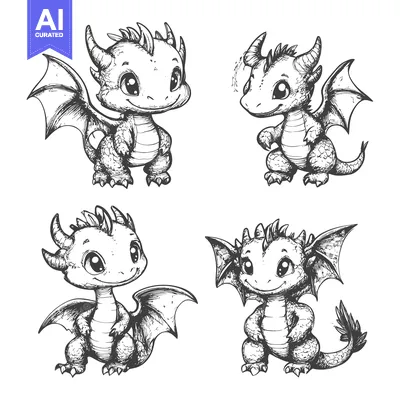Aset desain premium: Hand-Drawn Sketch of Four Adorable Baby Dragons with Big Eyes