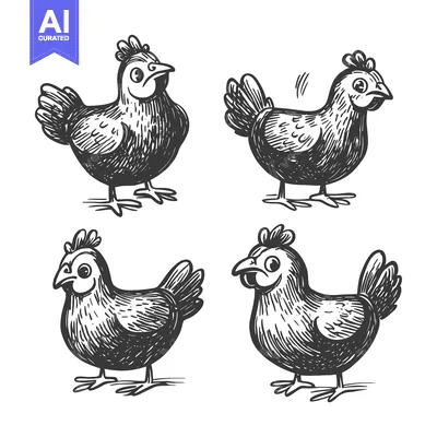 Aset desain premium: Hand-Drawn Sketch of Four Chickens in Different Poses