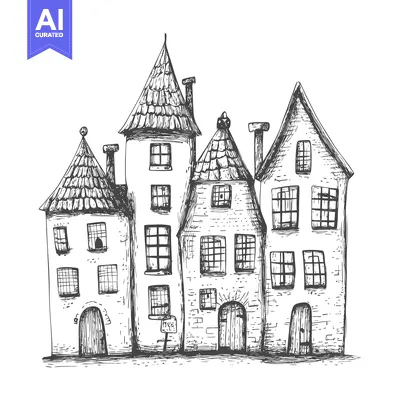 Popular premium asset: Hand-Drawn Sketch of Four Quaint Houses with Doors and Windows