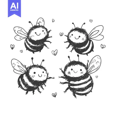 Aset desain premium: Hand-Drawn Sketch of Four Smiling Bees with Hearts