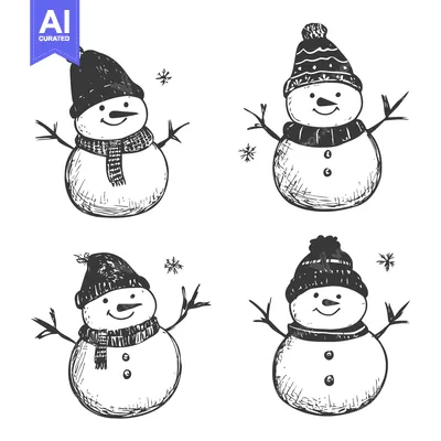 Aset premium populer: Hand-Drawn Sketch of Four Snowmen with Winter Accessories