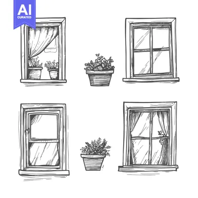 Popular premium asset: Hand-drawn Sketch of Four Windows with Plants