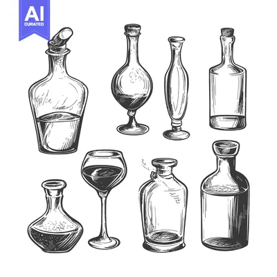 Hand-Drawn Sketch of Glass Bottles and a Wine Glass